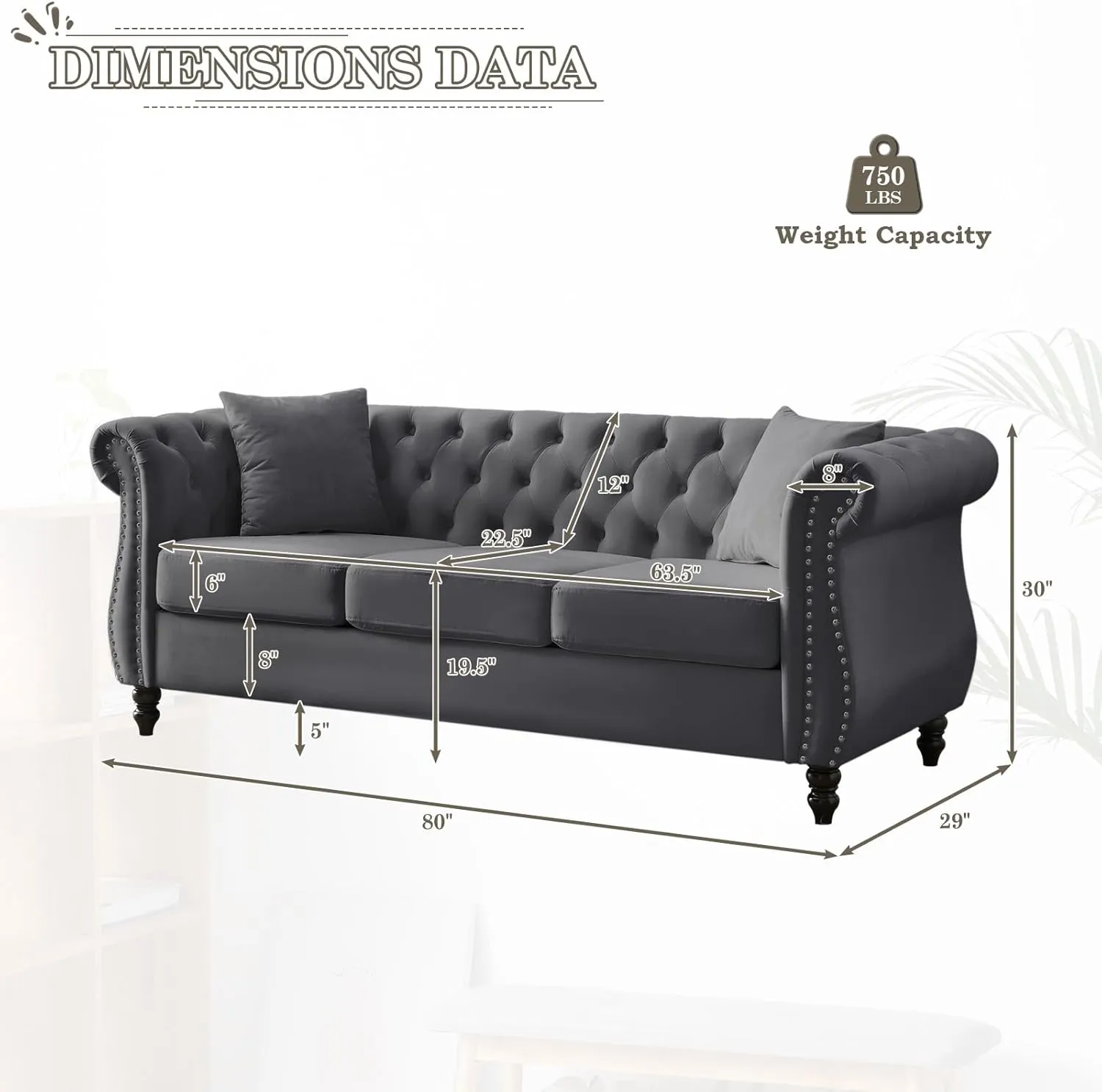 Chesterfield Sofa, 80" Button Tufted Velvet Couch with Rolled Arms & Nailhead Trim, Comfy 3 Seater, Mid Century Modern for Living Room, Bedroom, Apartment, Office (Grey)