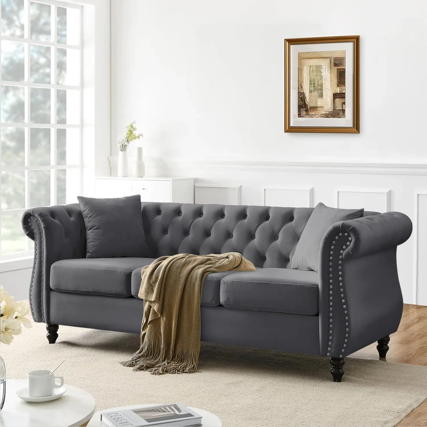Chesterfield Sofa, 80" Button Tufted Velvet Couch with Rolled Arms & Nailhead Trim, Comfy 3 Seater, Mid Century Modern for Living Room, Bedroom, Apartment, Office (Grey)