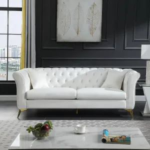Chesterfield Sofa Couch, 87" White Modern Couch with Deep Seats, Velvet Fabric Comfy Sofas, Mid-Century 3 Seater Couch with Wide Armrest, Couches for Living Room, Bedroom and Office