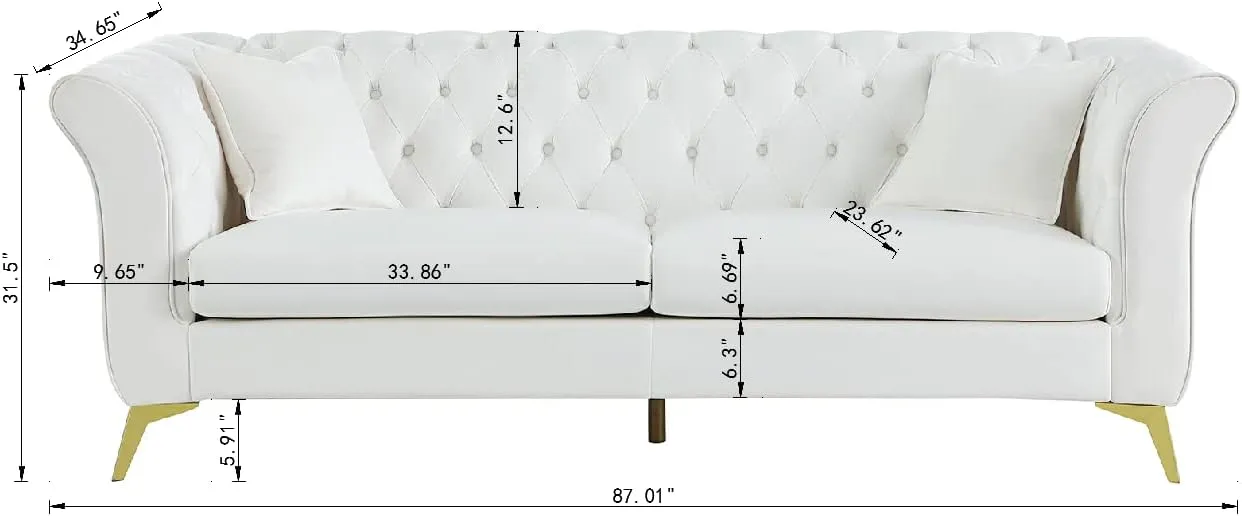 Chesterfield Sofa Couch, 87" White Modern Couch with Deep Seats, Velvet Fabric Comfy Sofas, Mid-Century 3 Seater Couch with Wide Armrest, Couches for Living Room, Bedroom and Office
