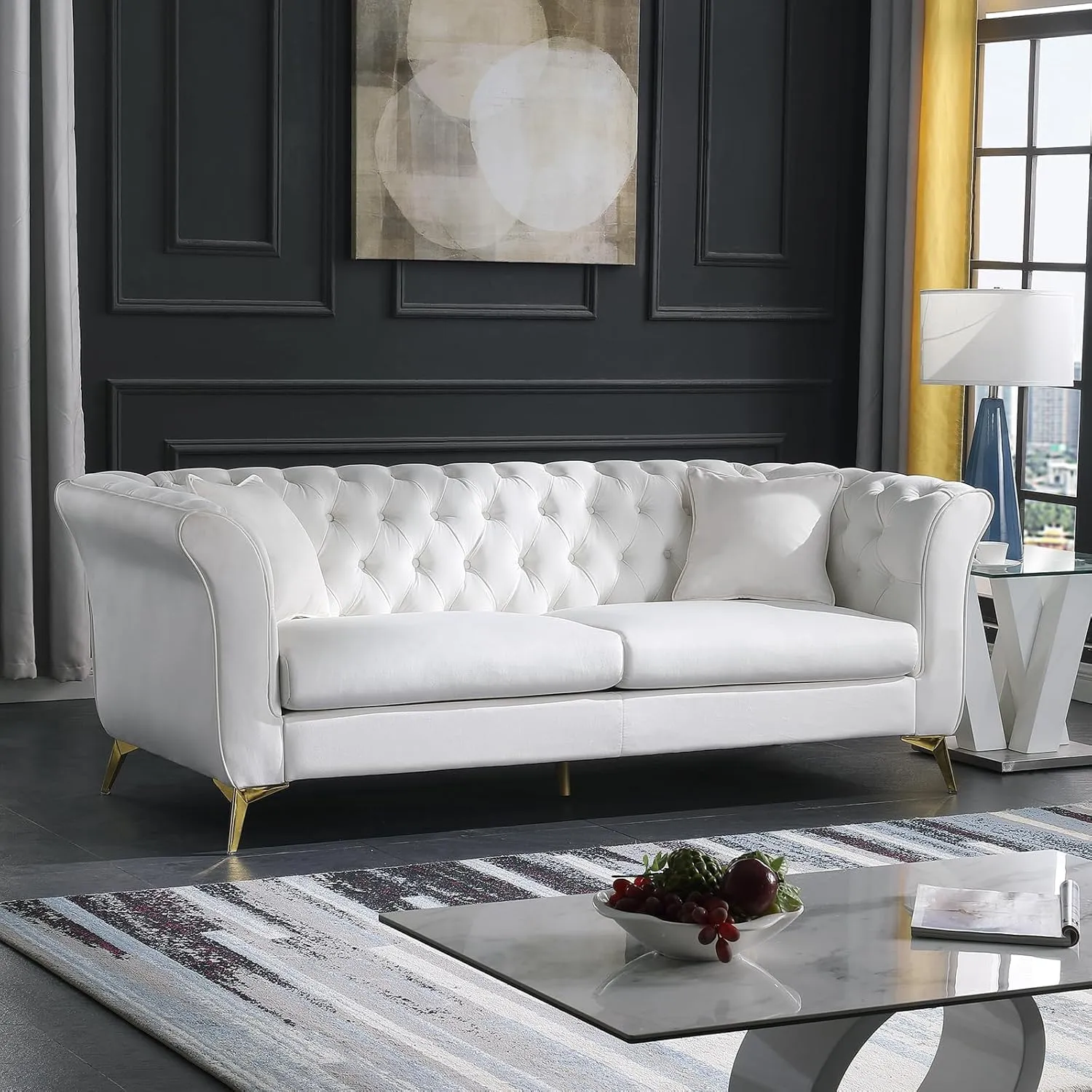 Chesterfield Sofa Couch, 87" White Modern Couch with Deep Seats, Velvet Fabric Comfy Sofas, Mid-Century 3 Seater Couch with Wide Armrest, Couches for Living Room, Bedroom and Office