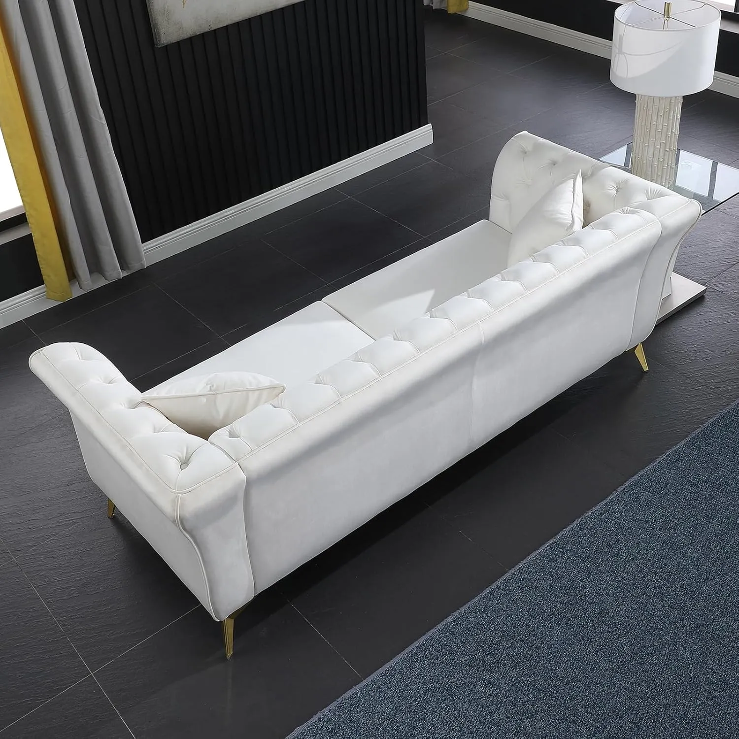 Chesterfield Sofa Couch, 87" White Modern Couch with Deep Seats, Velvet Fabric Comfy Sofas, Mid-Century 3 Seater Couch with Wide Armrest, Couches for Living Room, Bedroom and Office