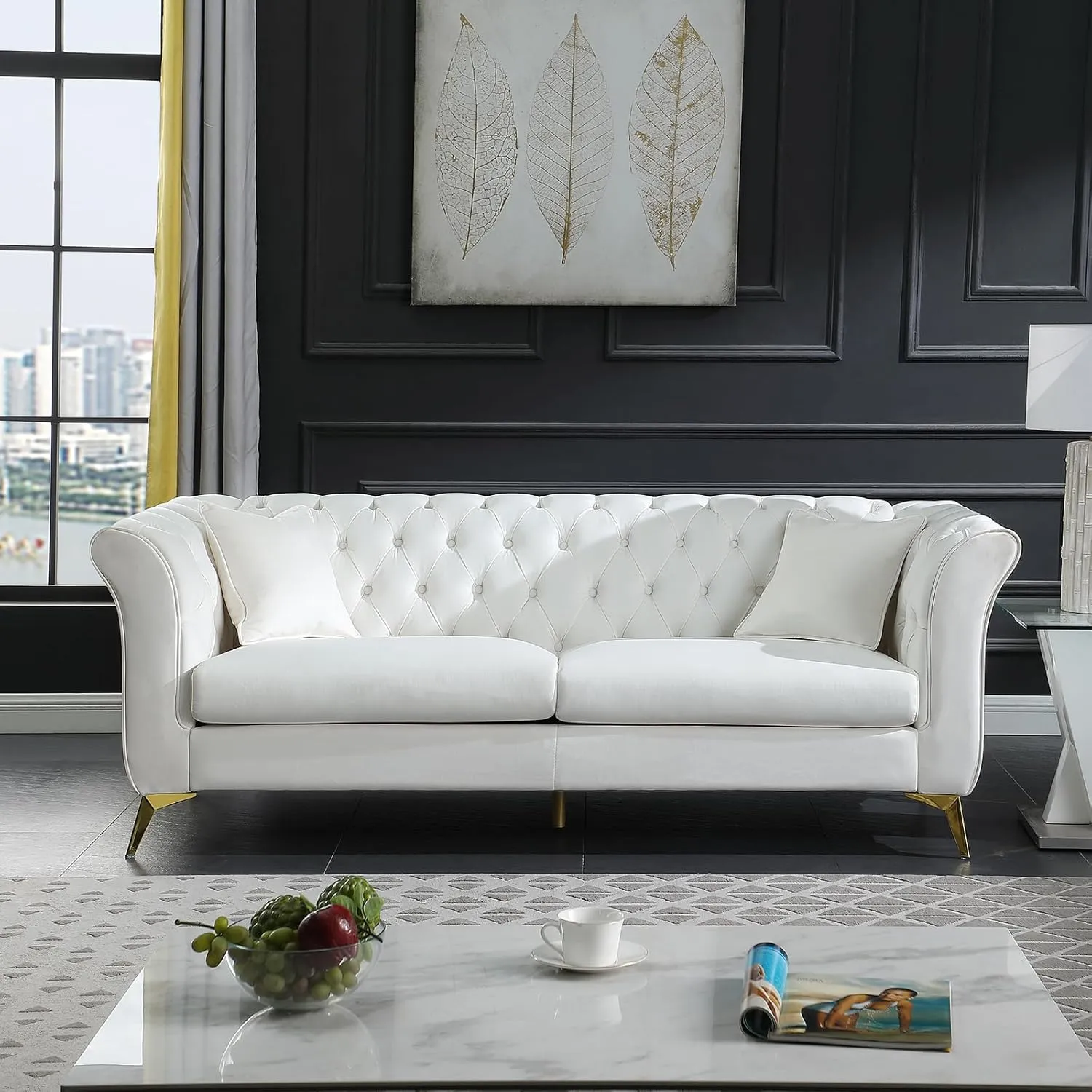 Chesterfield Sofa Couch, 87" White Modern Couch with Deep Seats, Velvet Fabric Comfy Sofas, Mid-Century 3 Seater Couch with Wide Armrest, Couches for Living Room, Bedroom and Office