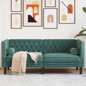 Chesterfield Sofa with Bolsters 2-Seater Dark Green Velvet, Sleeper Sofa, Recliner Sofa Set, Living Room Furniture, Luxurious and Comfortable Sofas for Living Room