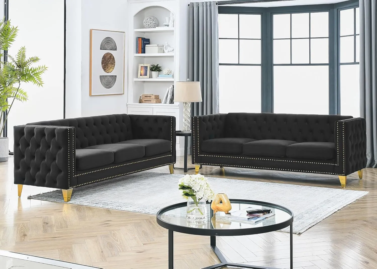 Chesterfield Sofa,Oversized Velvet Sofa Couch,3 Seater Deep Seat Sofa,Modern Sofa Chair with Button Nailhead,Upholstered Futon Couches,Furniture for Living Room,Bedroom,Office(Black)