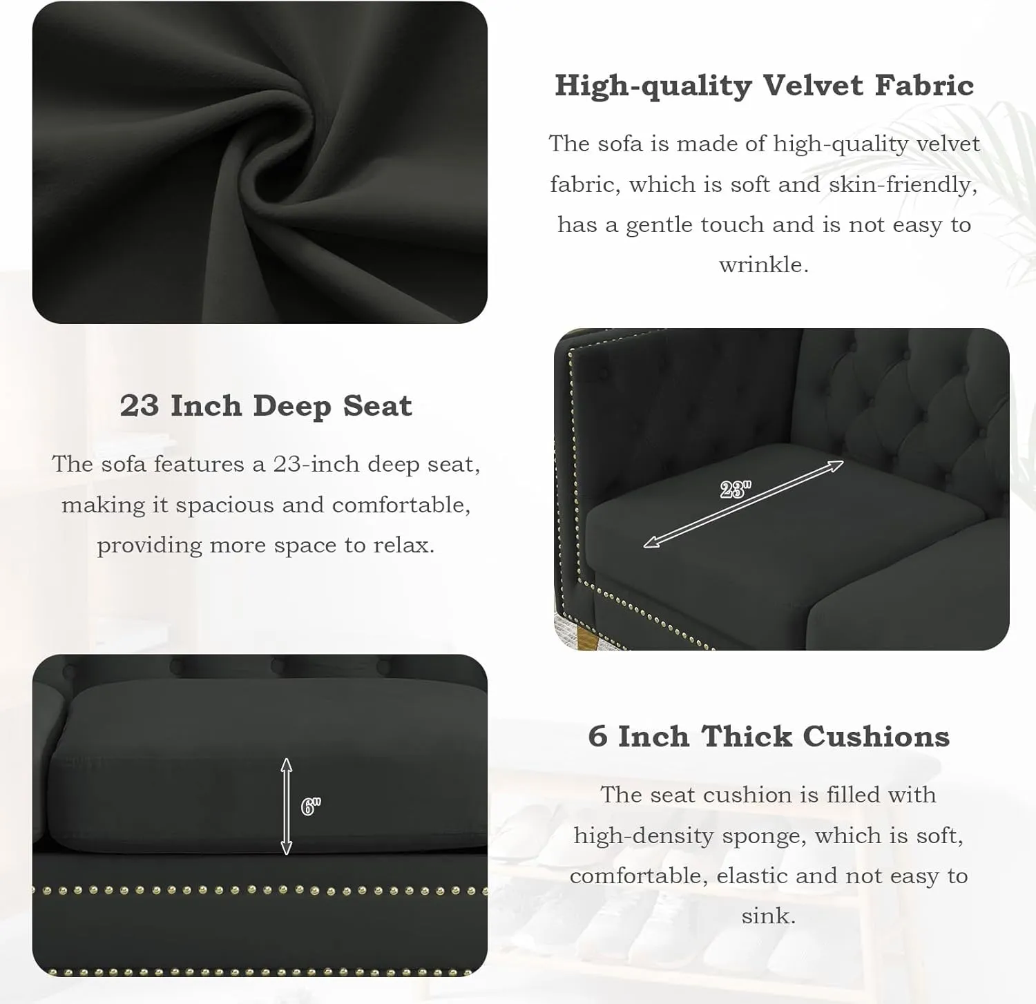 Chesterfield Sofa,Oversized Velvet Sofa Couch,3 Seater Deep Seat Sofa,Modern Sofa Chair with Button Nailhead,Upholstered Futon Couches,Furniture for Living Room,Bedroom,Office(Black)