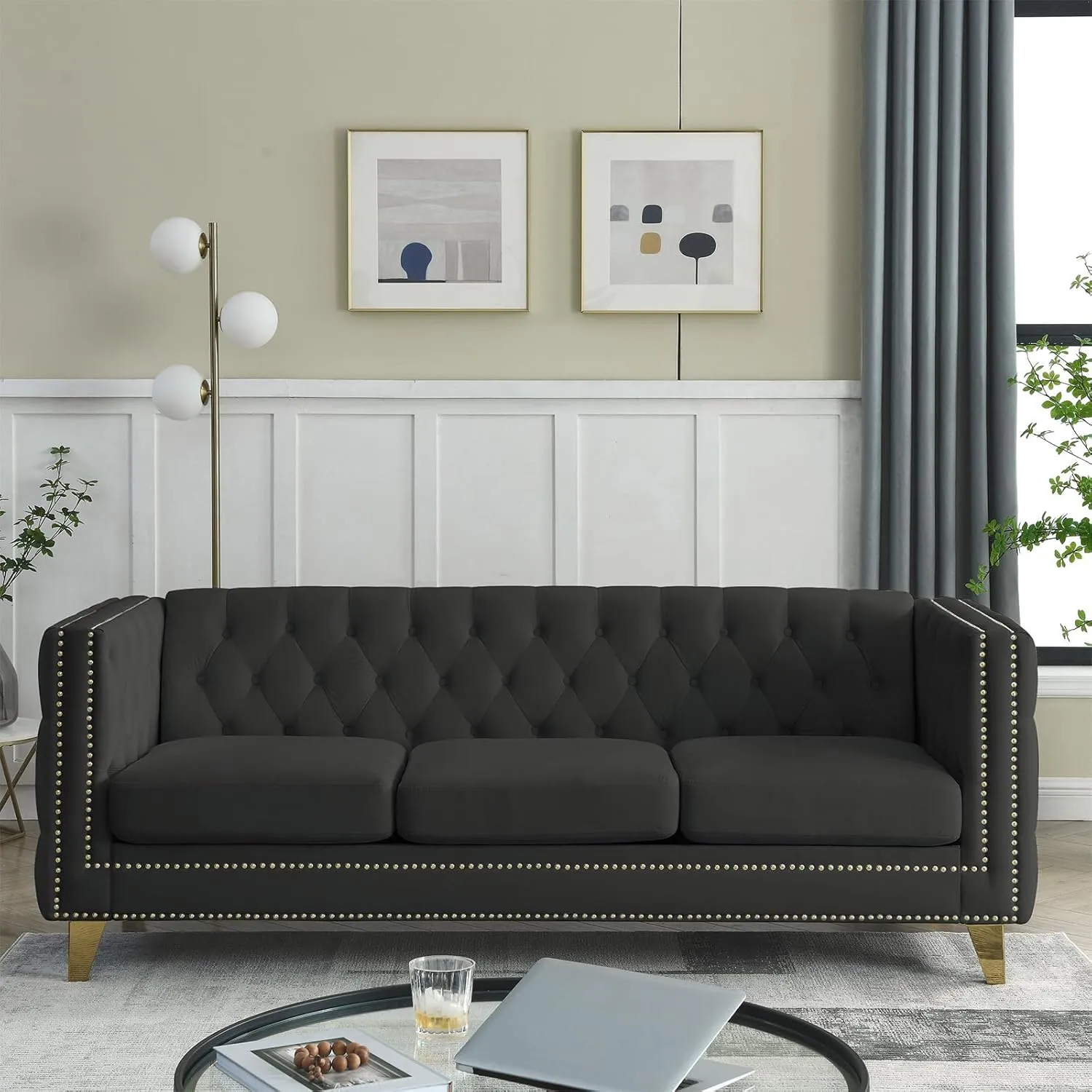 Chesterfield Sofa,Oversized Velvet Sofa Couch,3 Seater Deep Seat Sofa,Modern Sofa Chair with Button Nailhead,Upholstered Futon Couches,Furniture for Living Room,Bedroom,Office(Black)