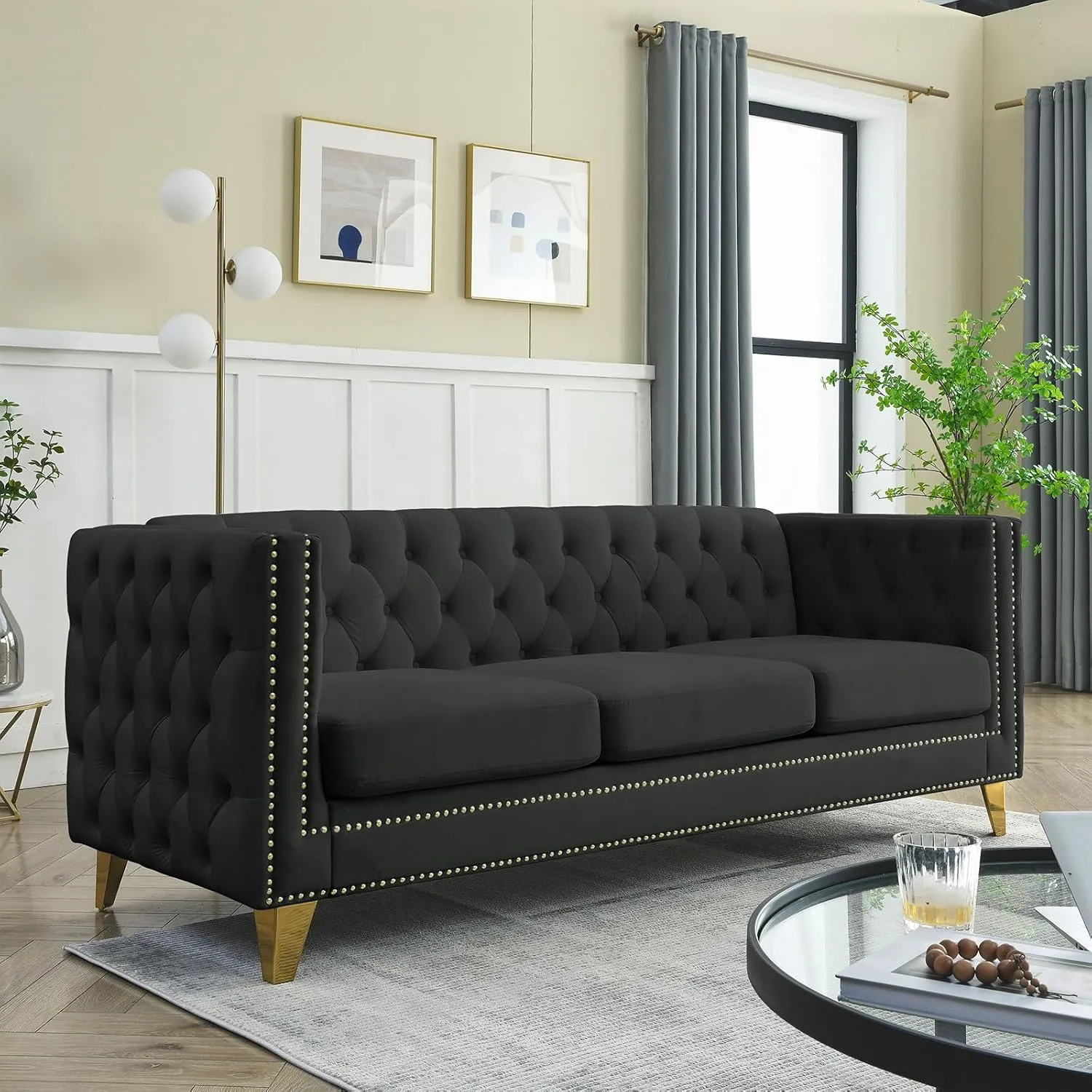 Chesterfield Sofa,Oversized Velvet Sofa Couch,3 Seater Deep Seat Sofa,Modern Sofa Chair with Button Nailhead,Upholstered Futon Couches,Furniture for Living Room,Bedroom,Office(Black)