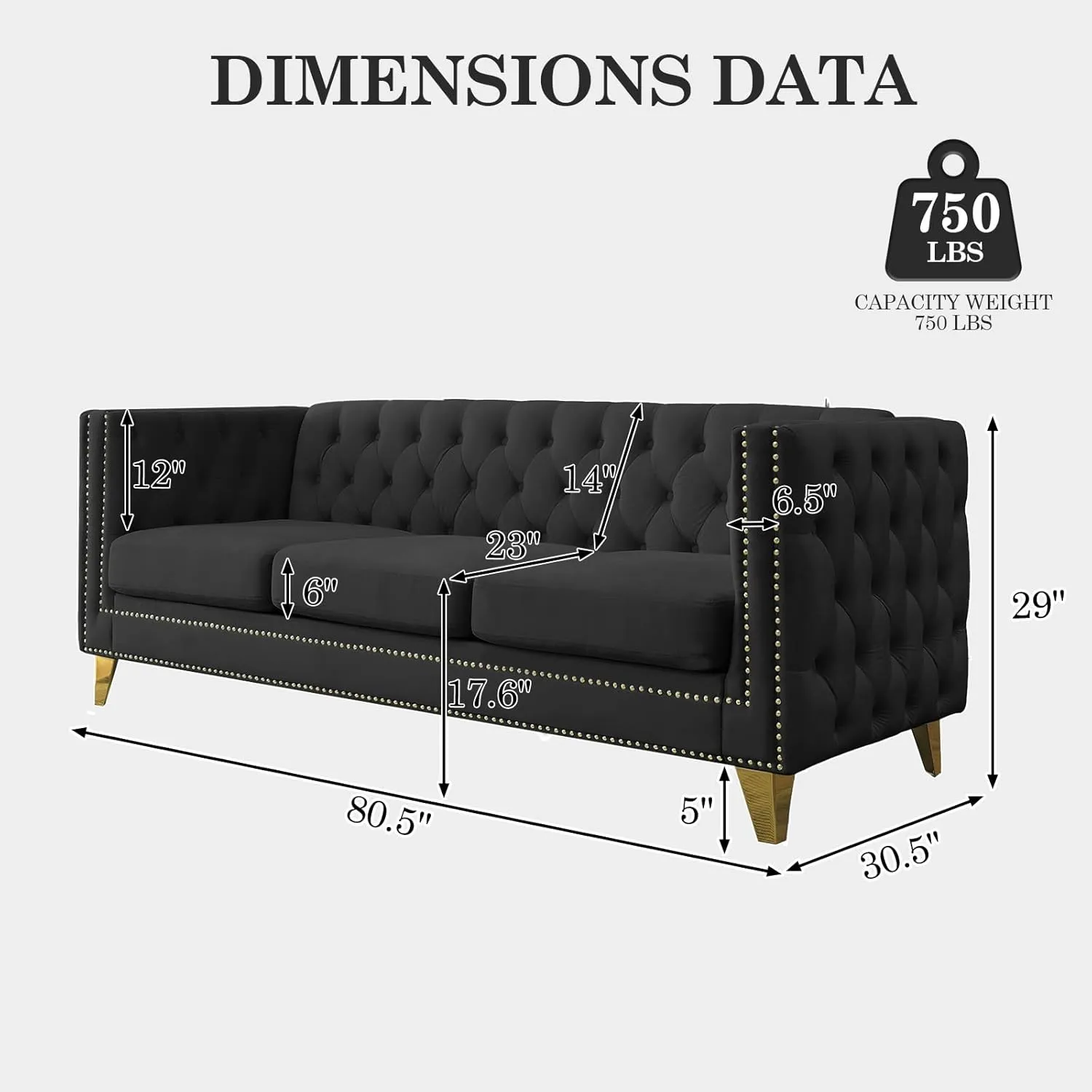 Chesterfield Sofa,Oversized Velvet Sofa Couch,3 Seater Deep Seat Sofa,Modern Sofa Chair with Button Nailhead,Upholstered Futon Couches,Furniture for Living Room,Bedroom,Office(Black)