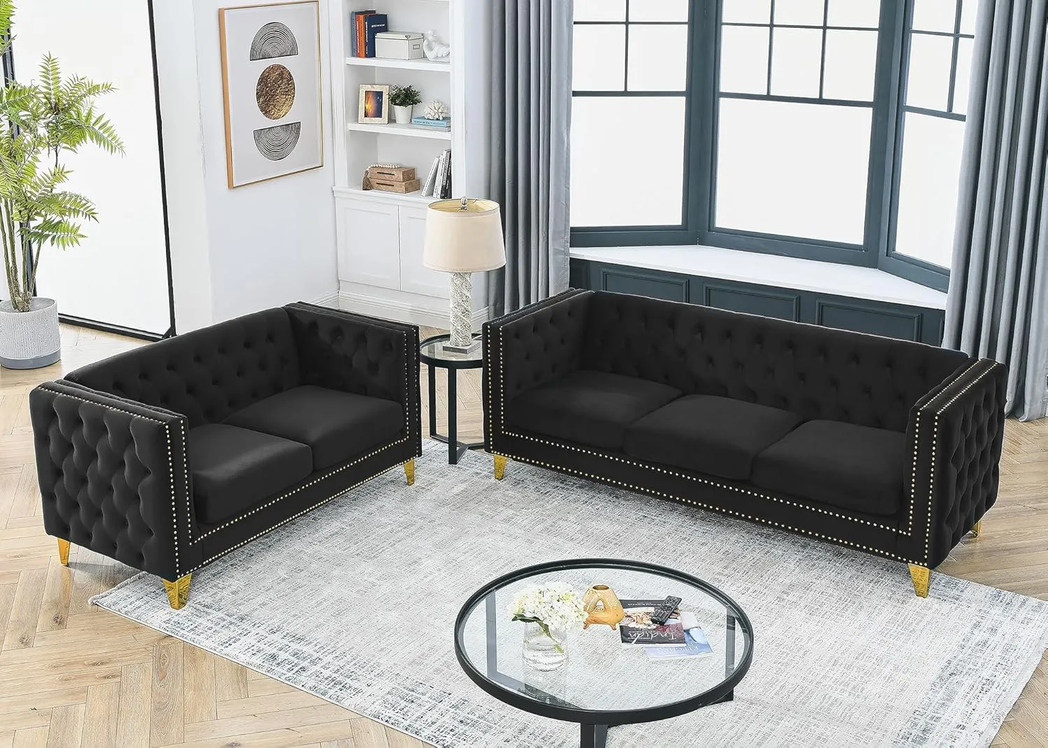 Chesterfield Sofa,Oversized Velvet Sofa Couch,3 Seater Deep Seat Sofa,Modern Sofa Chair with Button Nailhead,Upholstered Futon Couches,Furniture for Living Room,Bedroom,Office(Black)