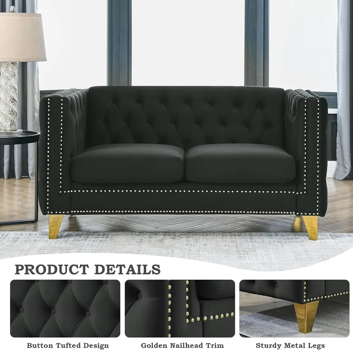 Chesterfield Sofa,Oversized Velvet Sofa Couch,3 Seater Deep Seat Sofa,Modern Sofa Chair with Button Nailhead,Upholstered Futon Couches,Furniture for Living Room,Bedroom,Office(Black)