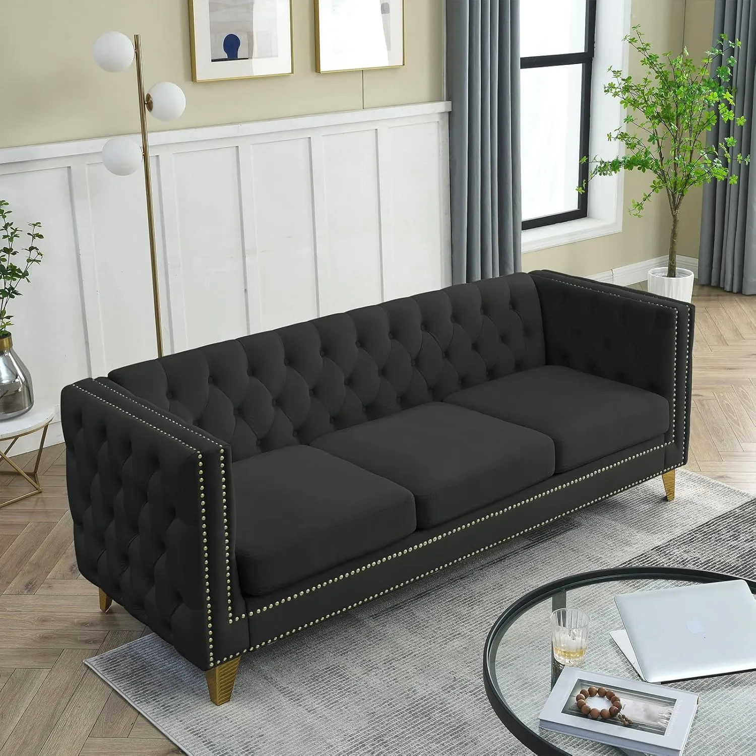Chesterfield Sofa,Oversized Velvet Sofa Couch,3 Seater Deep Seat Sofa,Modern Sofa Chair with Button Nailhead,Upholstered Futon Couches,Furniture for Living Room,Bedroom,Office(Black)