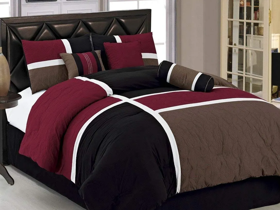 Chezmoi Collection 7-Piece Quilted Patchwork Comforter Set (Full, Burgundy/Brown/Black)