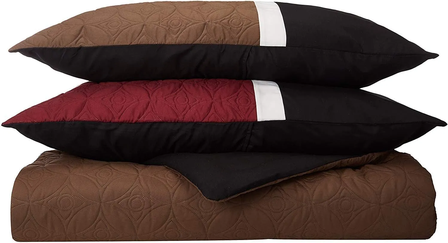 Chezmoi Collection 7-Piece Quilted Patchwork Comforter Set (Full, Burgundy/Brown/Black)