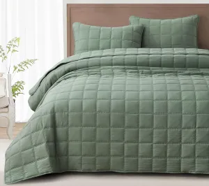 Chezmoi Collection Branson 3-Piece Sage King Size Quilt Set - Stone-Washed Detailed Square Stitch Soft Microfiber Lightweight Quilted Bedspread Coverlet Set for All Seasons