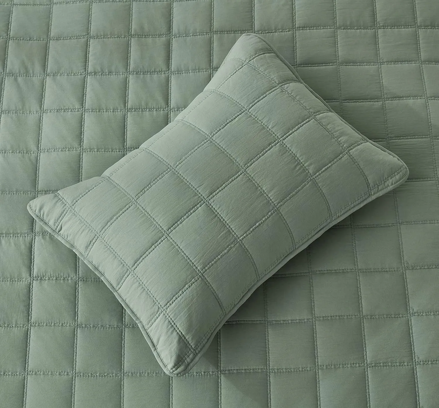 Chezmoi Collection Branson 3-Piece Sage King Size Quilt Set - Stone-Washed Detailed Square Stitch Soft Microfiber Lightweight Quilted Bedspread Coverlet Set for All Seasons