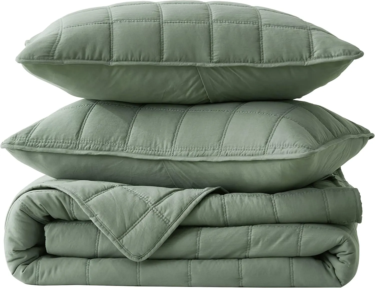 Chezmoi Collection Branson 3-Piece Sage King Size Quilt Set - Stone-Washed Detailed Square Stitch Soft Microfiber Lightweight Quilted Bedspread Coverlet Set for All Seasons