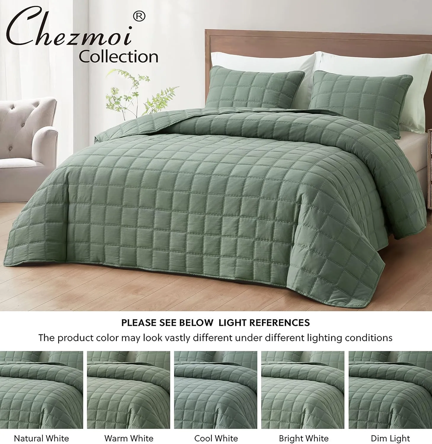 Chezmoi Collection Branson 3-Piece Sage King Size Quilt Set - Stone-Washed Detailed Square Stitch Soft Microfiber Lightweight Quilted Bedspread Coverlet Set for All Seasons