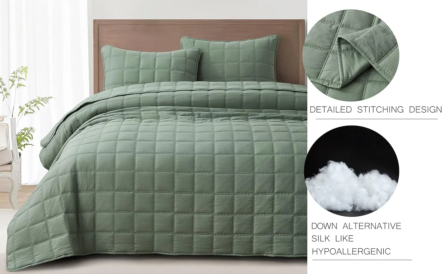 Chezmoi Collection Branson 3-Piece Sage King Size Quilt Set - Stone-Washed Detailed Square Stitch Soft Microfiber Lightweight Quilted Bedspread Coverlet Set for All Seasons