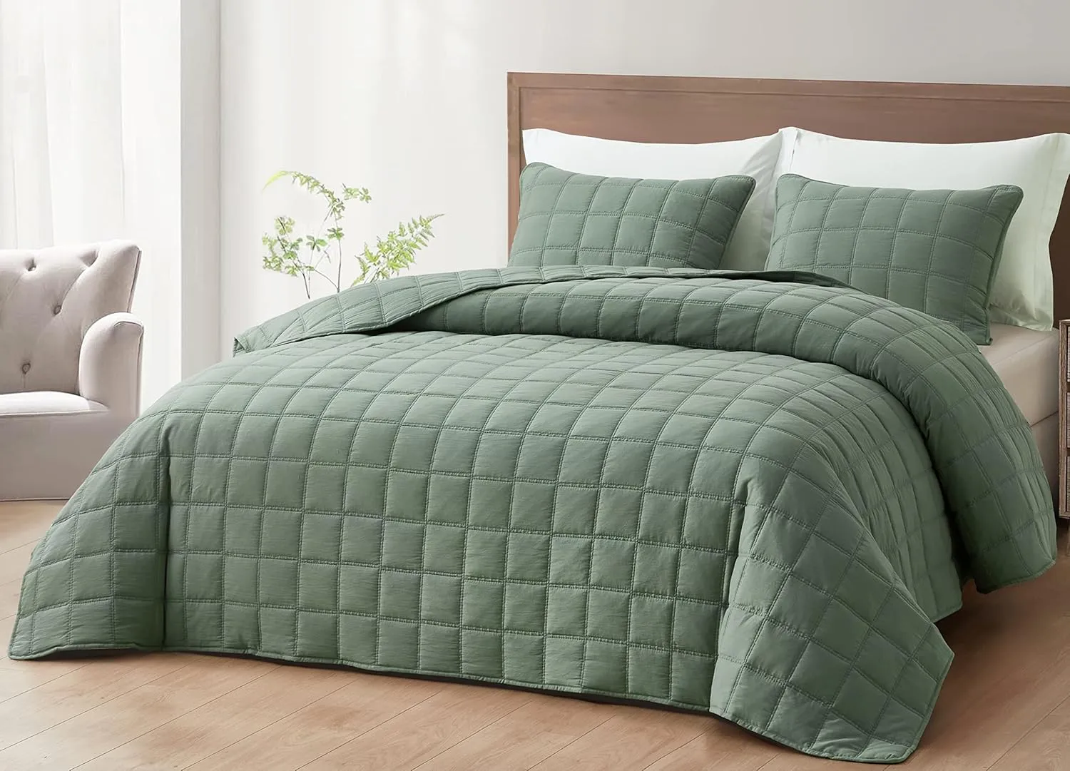 Chezmoi Collection Branson 3-Piece Sage King Size Quilt Set - Stone-Washed Detailed Square Stitch Soft Microfiber Lightweight Quilted Bedspread Coverlet Set for All Seasons