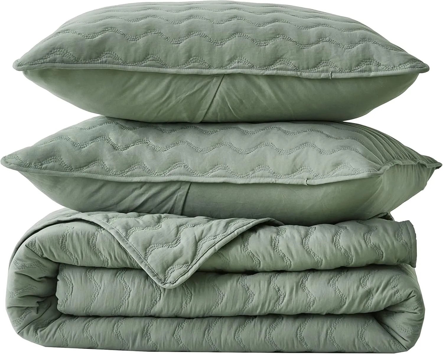 Chezmoi Collection Destiny 3-Piece Sage Queen Size Quilt Set - Stone-Washed Soft Microfiber Lightweight Quilted Bedspread Coverlet Set for All Seasons Wavy Line Stitching
