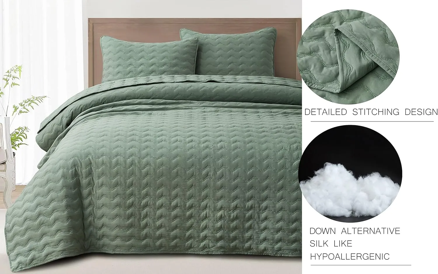Chezmoi Collection Destiny 3-Piece Sage Queen Size Quilt Set - Stone-Washed Soft Microfiber Lightweight Quilted Bedspread Coverlet Set for All Seasons Wavy Line Stitching