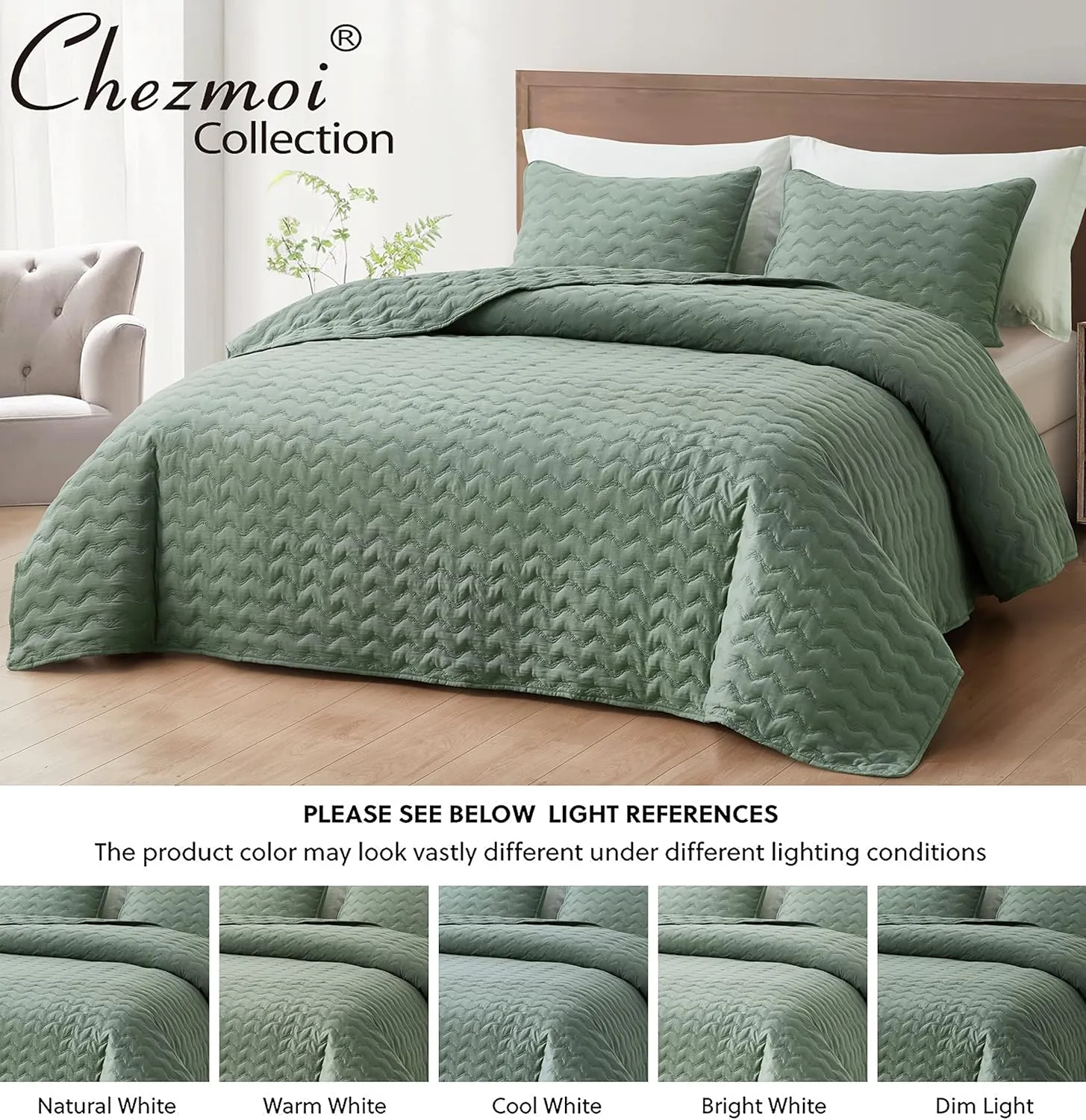 Chezmoi Collection Destiny 3-Piece Sage Queen Size Quilt Set - Stone-Washed Soft Microfiber Lightweight Quilted Bedspread Coverlet Set for All Seasons Wavy Line Stitching