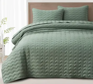 Chezmoi Collection Destiny 3-Piece Sage Queen Size Quilt Set - Stone-Washed Soft Microfiber Lightweight Quilted Bedspread Coverlet Set for All Seasons Wavy Line Stitching