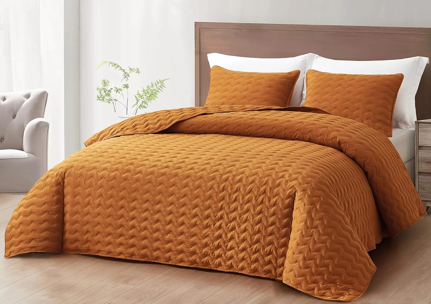 Chezmoi Collection Destiny 3-Piece Spice Queen Size Quilt Set - Stone-Washed Soft Microfiber Lightweight Quilted Bedspread Coverlet Set for All Seasons Wavy Line Stitching