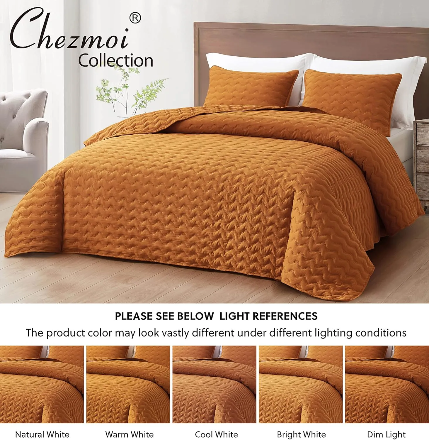 Chezmoi Collection Destiny 3-Piece Spice Queen Size Quilt Set - Stone-Washed Soft Microfiber Lightweight Quilted Bedspread Coverlet Set for All Seasons Wavy Line Stitching