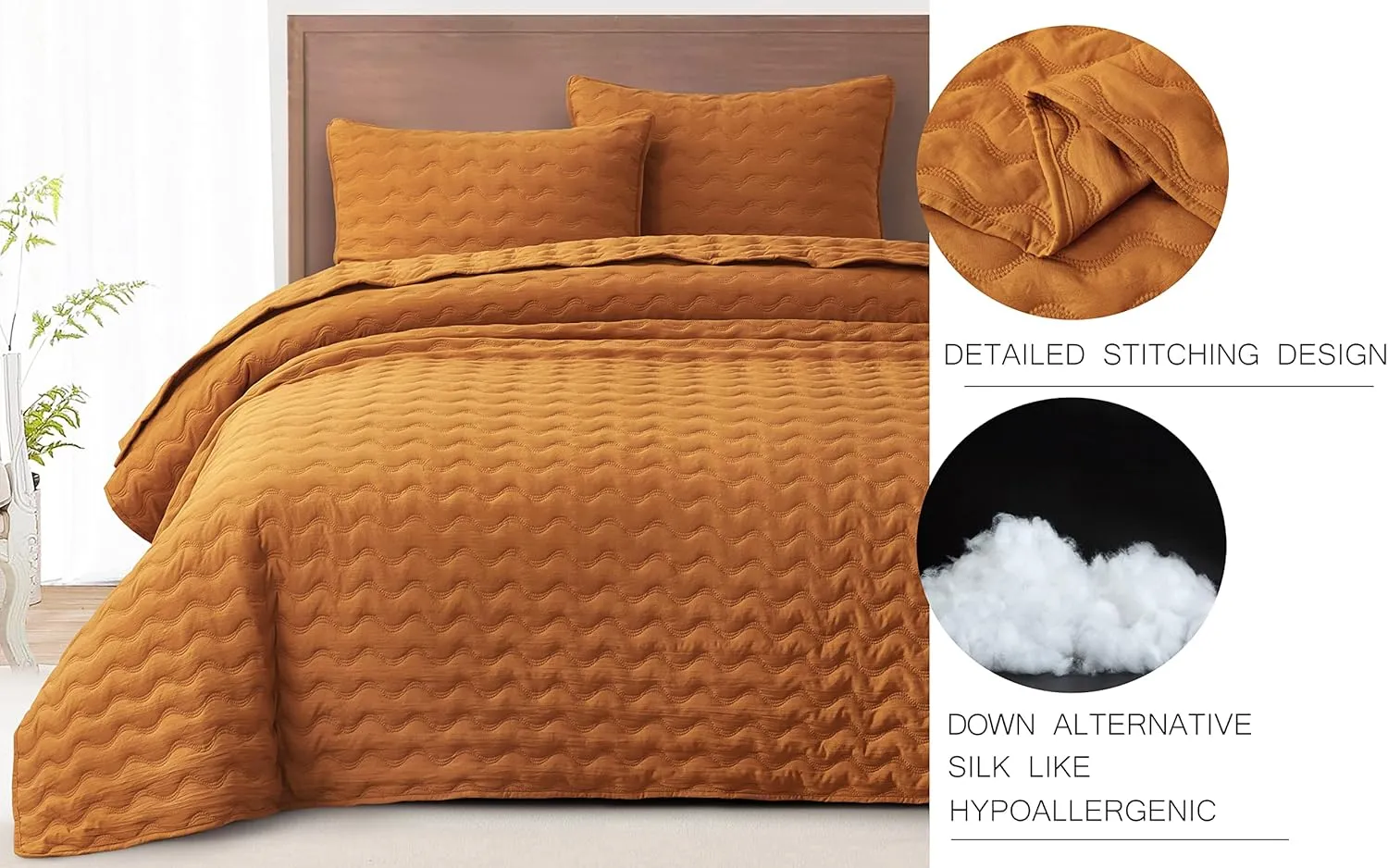 Chezmoi Collection Destiny 3-Piece Spice Queen Size Quilt Set - Stone-Washed Soft Microfiber Lightweight Quilted Bedspread Coverlet Set for All Seasons Wavy Line Stitching