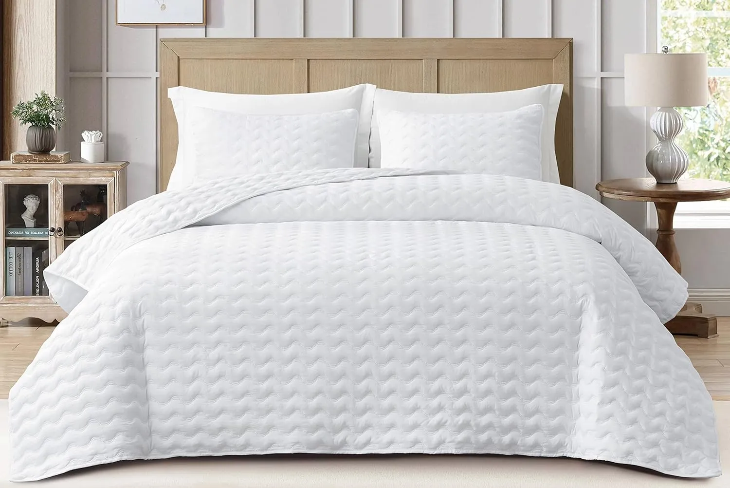 Chezmoi Collection Destiny 3-Piece White Queen Size Quilt Set - Stone-Washed Soft Microfiber Lightweight Quilted Bedspread Coverlet Set for All Seasons Wavy Line Stitching