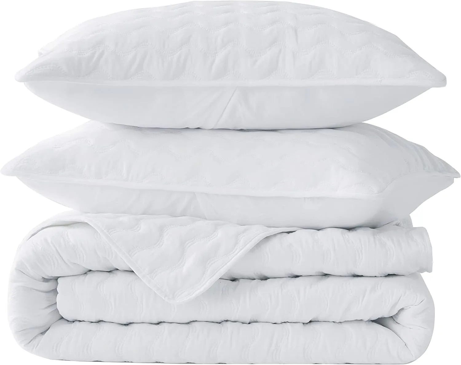 Chezmoi Collection Destiny 3-Piece White Queen Size Quilt Set - Stone-Washed Soft Microfiber Lightweight Quilted Bedspread Coverlet Set for All Seasons Wavy Line Stitching