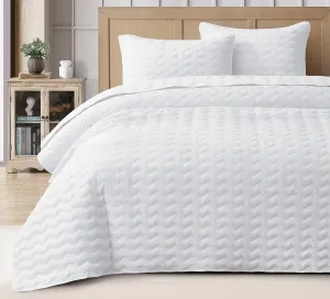 Chezmoi Collection Destiny 3-Piece White Queen Size Quilt Set - Stone-Washed Soft Microfiber Lightweight Quilted Bedspread Coverlet Set for All Seasons Wavy Line Stitching