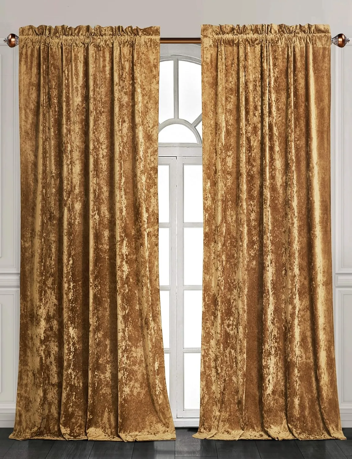 Chezmoi Collection Lux Caramel Gold Crushed Velvet Curtains 2 Panel Set - 72 inches Long Room Darkening Luxury Distressed Velvet Rod Pocket Window Drapes for Living Room Bedroom 50" W x 72" L