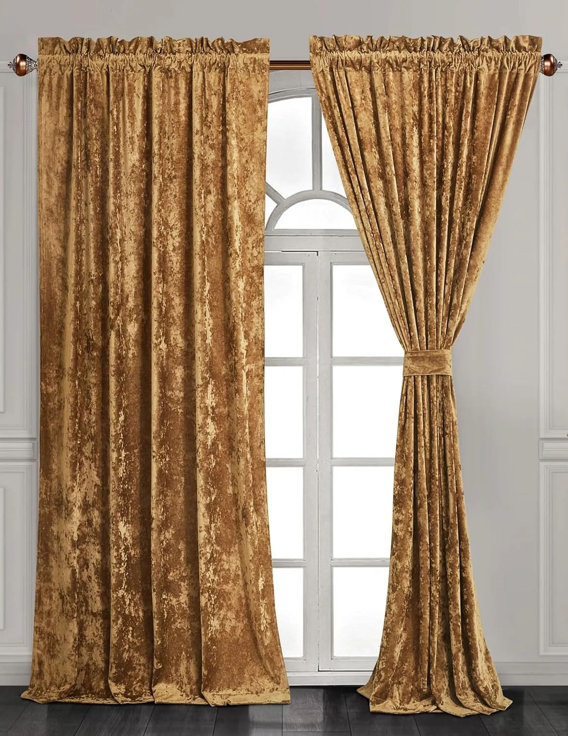Chezmoi Collection Lux Caramel Gold Crushed Velvet Curtains 2 Panel Set - 72 inches Long Room Darkening Luxury Distressed Velvet Rod Pocket Window Drapes for Living Room Bedroom 50" W x 72" L