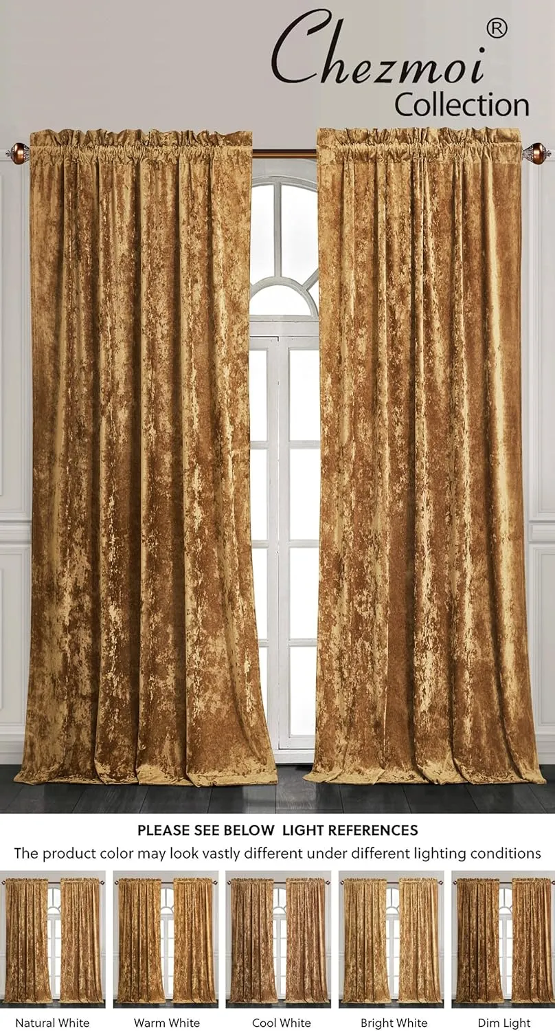 Chezmoi Collection Lux Caramel Gold Crushed Velvet Curtains 2 Panel Set - 72 inches Long Room Darkening Luxury Distressed Velvet Rod Pocket Window Drapes for Living Room Bedroom 50" W x 72" L