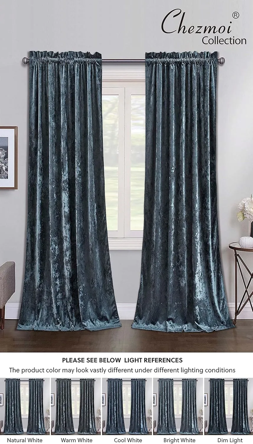 Chezmoi Collection Lux Storm Blue Lush Plush Velvet Curtains 2 Panel Set - 84 inches Long Room Darkening Luxury Rod Pocket Window Drapes for Living Room Bedroom 50" W x 84" L