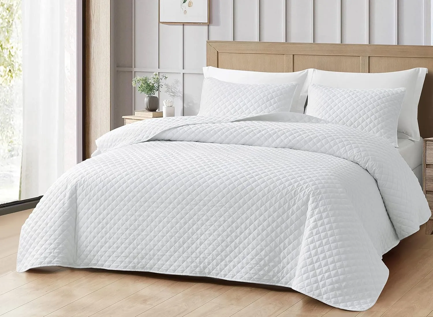 Chezmoi Collection Teo 3-Piece White King Size Quilt Set - Diamond Stitch Stone-Washed Super Soft Microfiber Lightweight Quilted Bedspread Coverlet Set for All Seasons