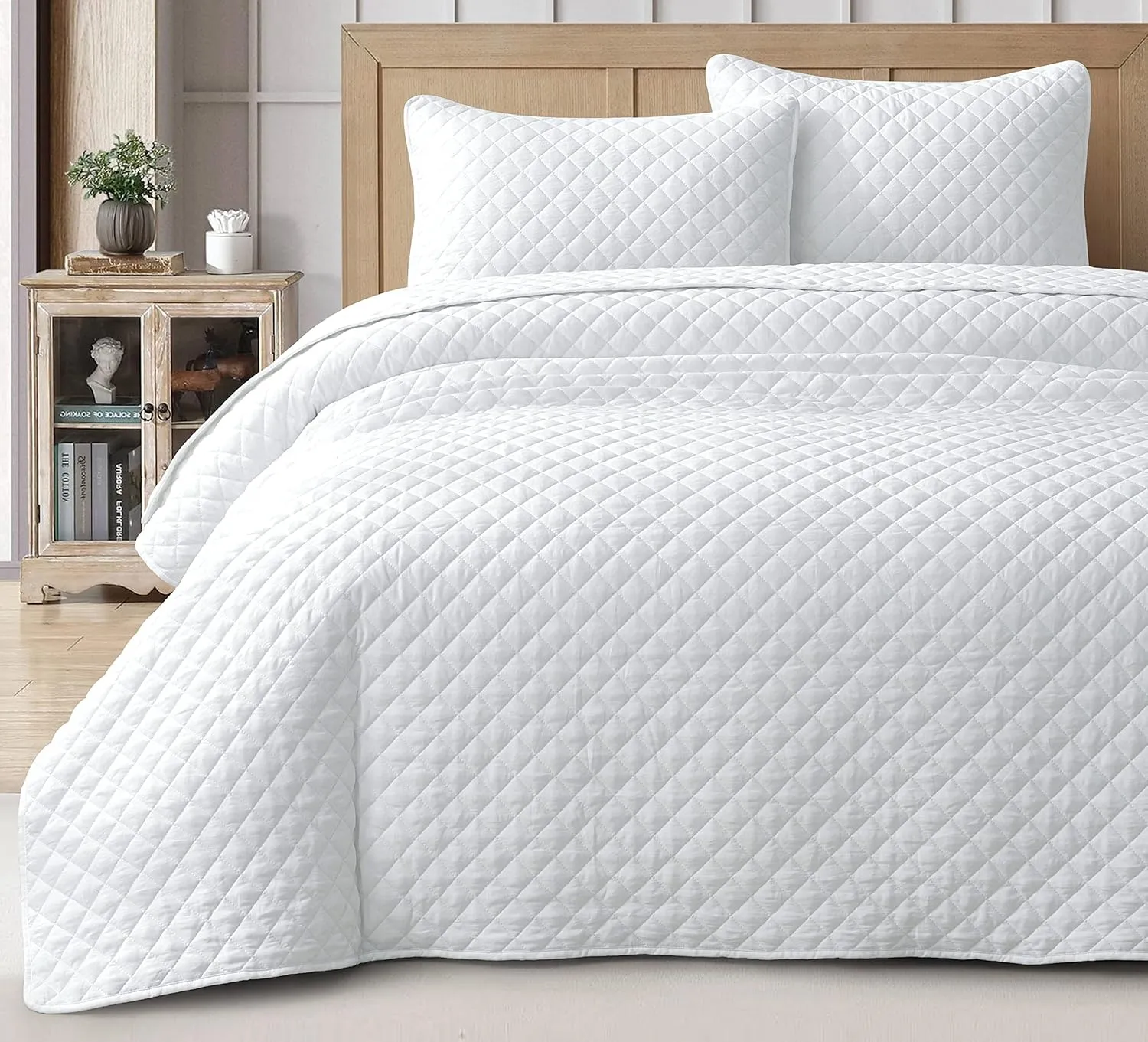 Chezmoi Collection Teo 3-Piece White King Size Quilt Set - Diamond Stitch Stone-Washed Super Soft Microfiber Lightweight Quilted Bedspread Coverlet Set for All Seasons