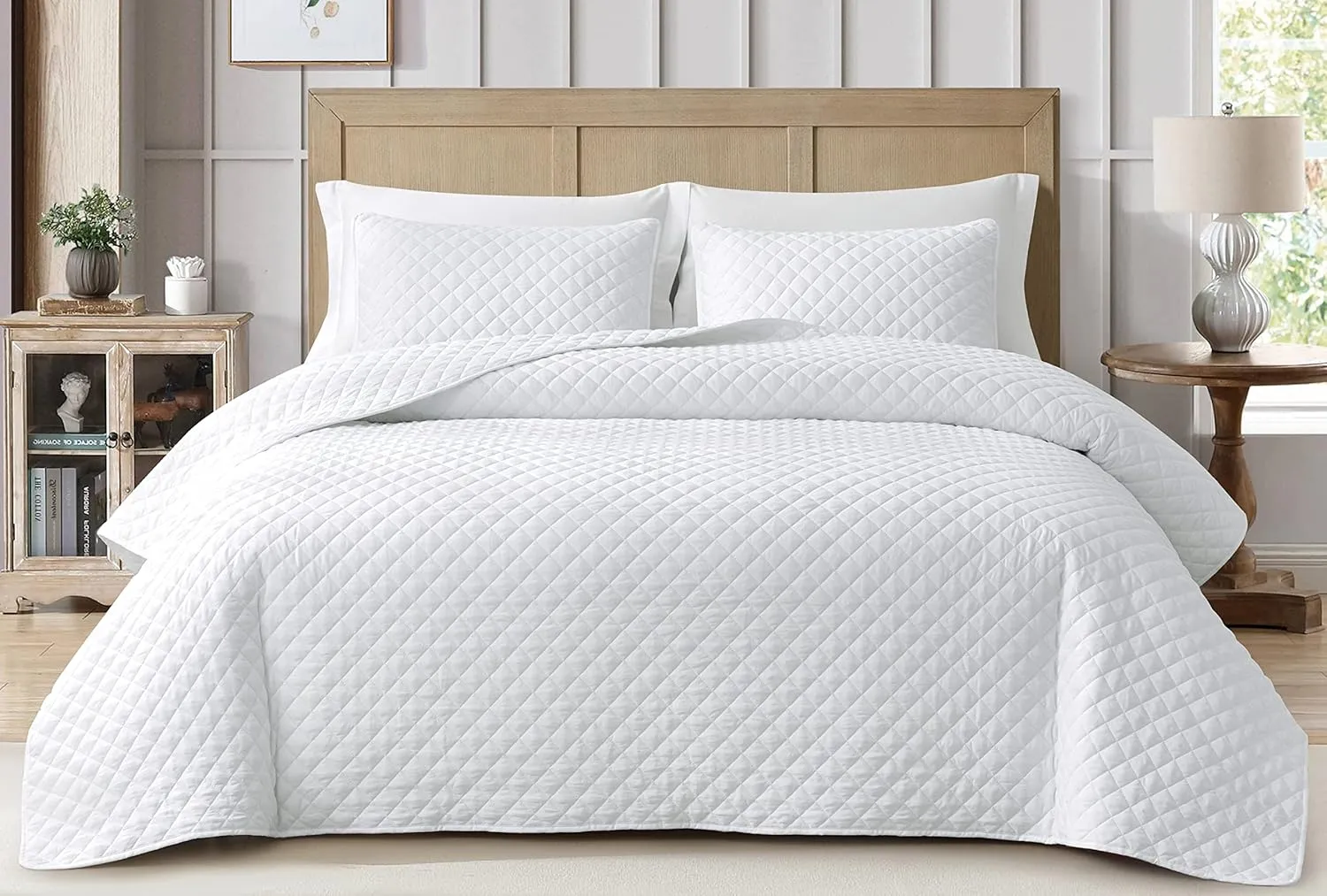Chezmoi Collection Teo 3-Piece White King Size Quilt Set - Diamond Stitch Stone-Washed Super Soft Microfiber Lightweight Quilted Bedspread Coverlet Set for All Seasons