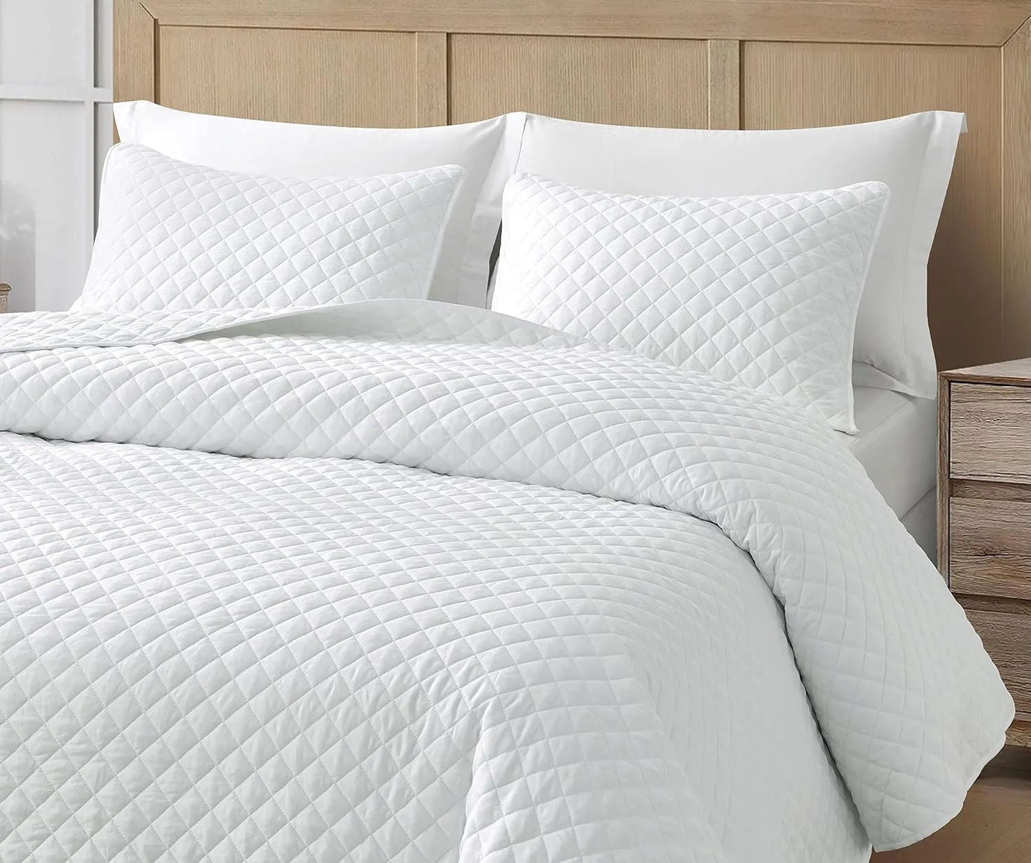 Chezmoi Collection Teo 3-Piece White King Size Quilt Set - Diamond Stitch Stone-Washed Super Soft Microfiber Lightweight Quilted Bedspread Coverlet Set for All Seasons