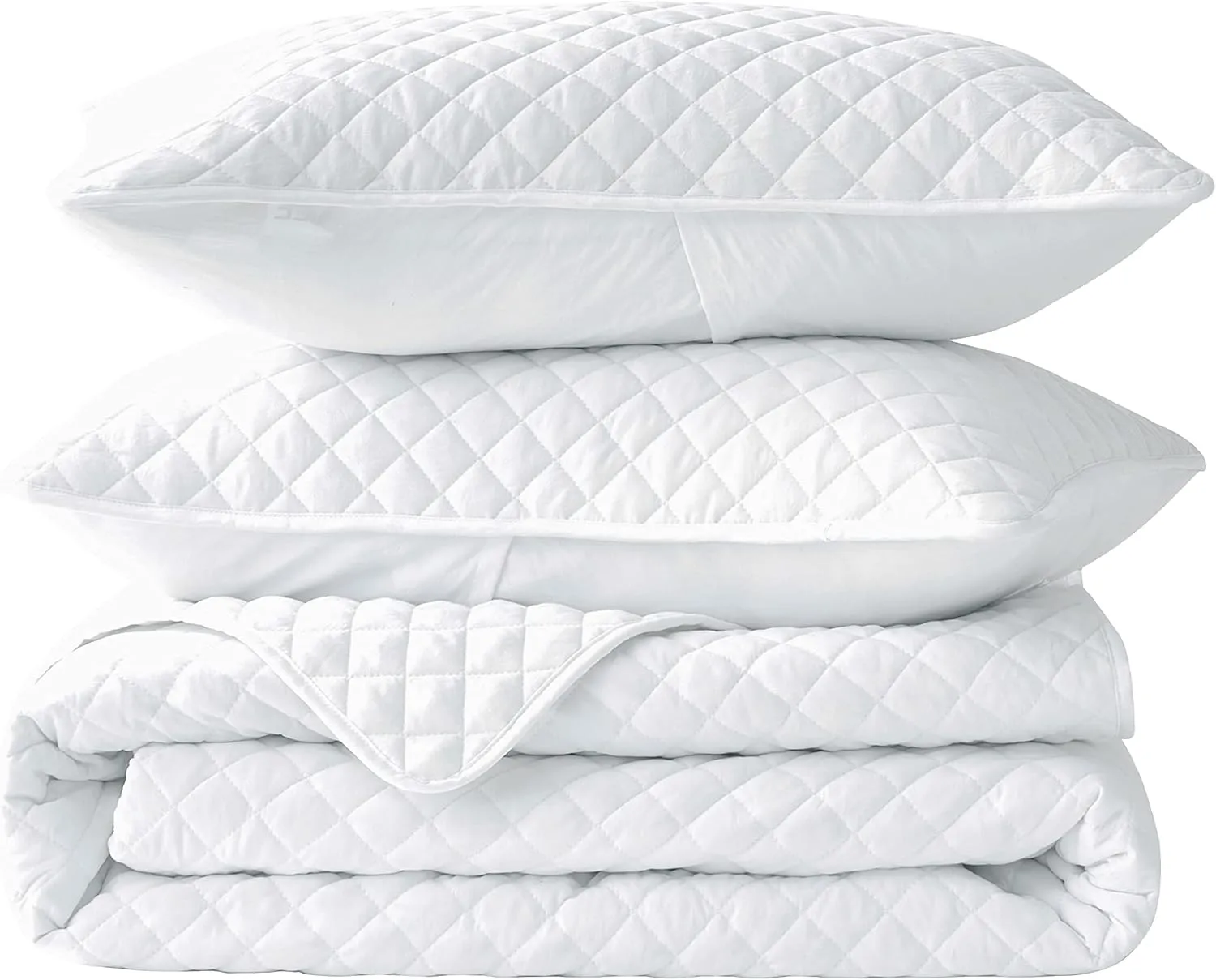 Chezmoi Collection Teo 3-Piece White King Size Quilt Set - Diamond Stitch Stone-Washed Super Soft Microfiber Lightweight Quilted Bedspread Coverlet Set for All Seasons