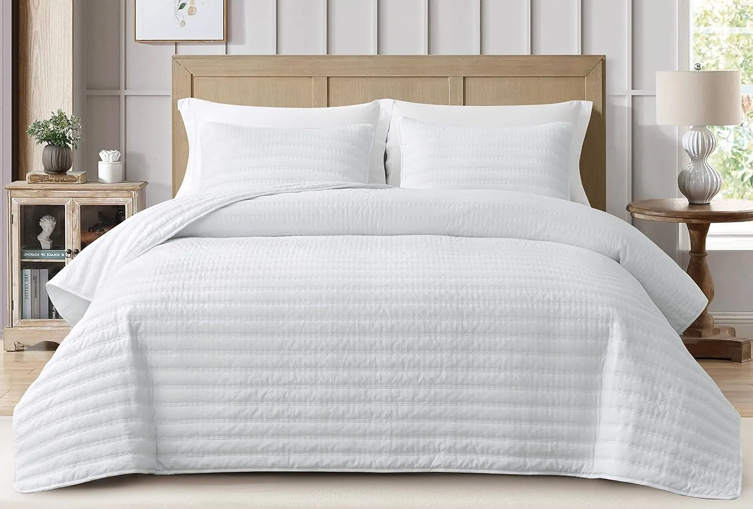Chezmoi Collection Valkyrie 3-Piece White Queen Size Quilt Set - Cross Stitch Stone-Washed Super Soft Microfiber Lightweight Quilted Bedspread Coverlet Set for All Seasons