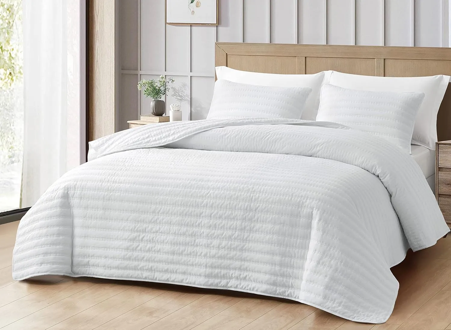 Chezmoi Collection Valkyrie 3-Piece White Queen Size Quilt Set - Cross Stitch Stone-Washed Super Soft Microfiber Lightweight Quilted Bedspread Coverlet Set for All Seasons