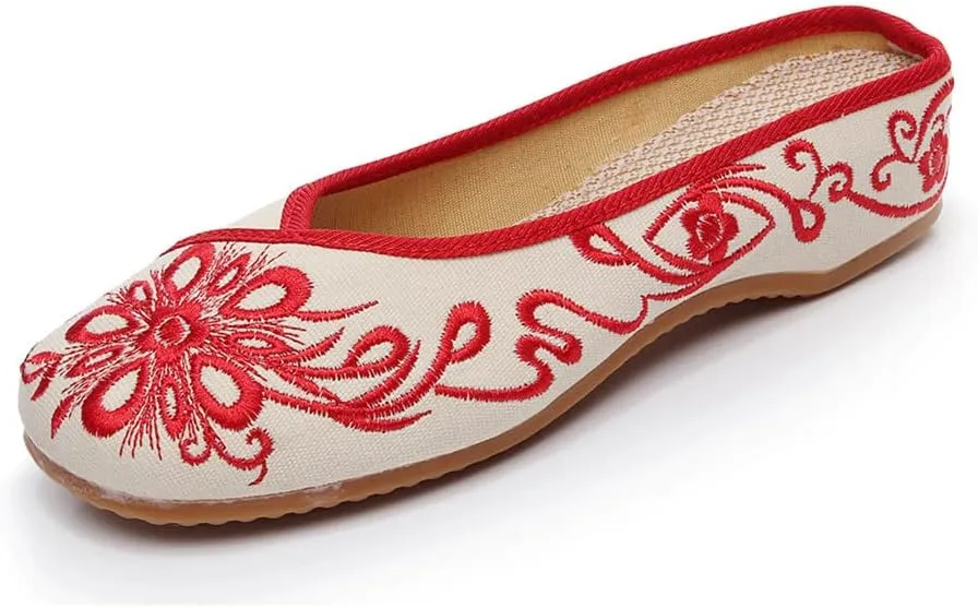 Chinese Style Embroidered Flower Shoes Women's Single Shoes Slippers Canvas Slippers Backless Comfortable Flats Round Toe Loafers Casual Sandals