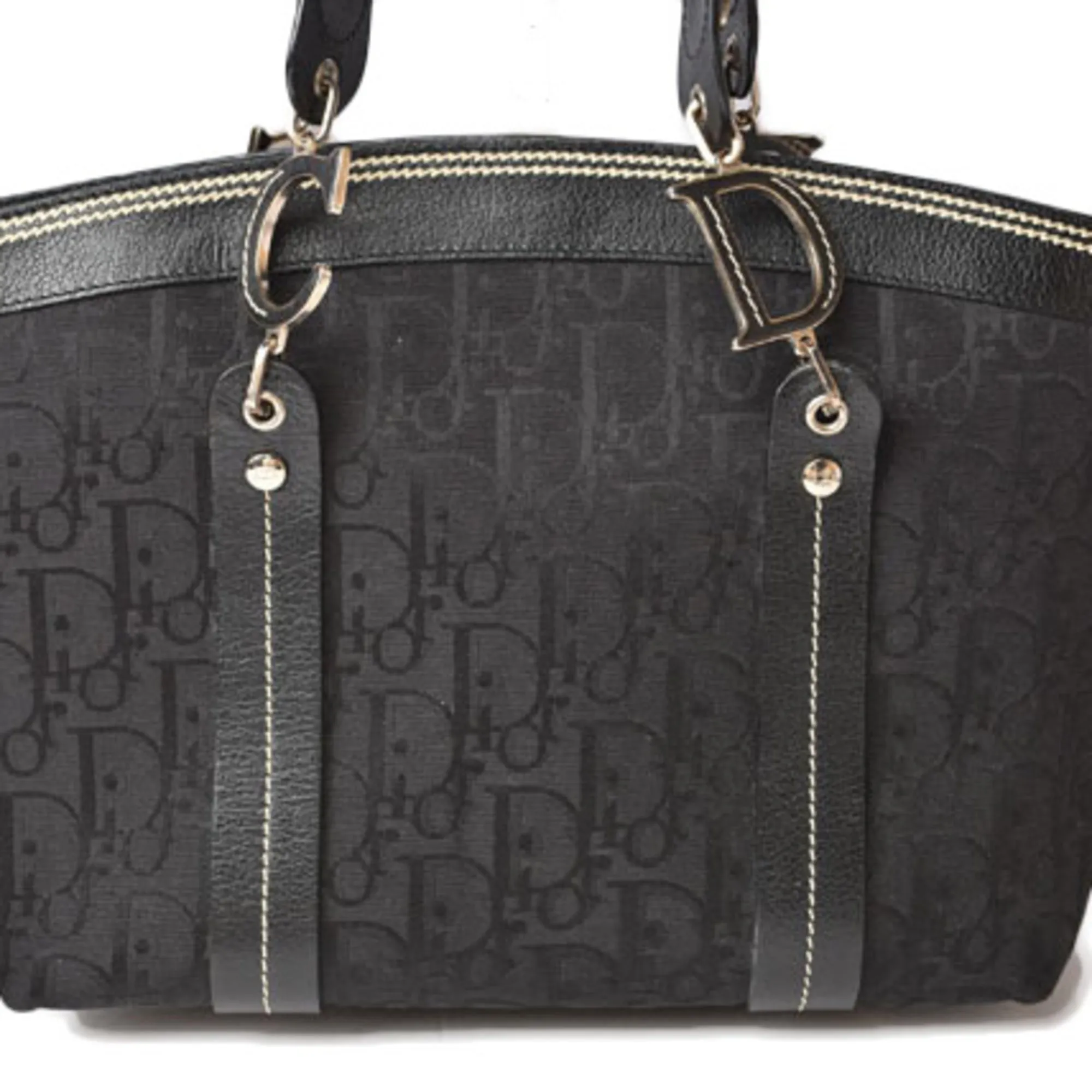 CHRISTIAN DIOR Tote Bag Embroidered Trotter Flower Embroidery Black