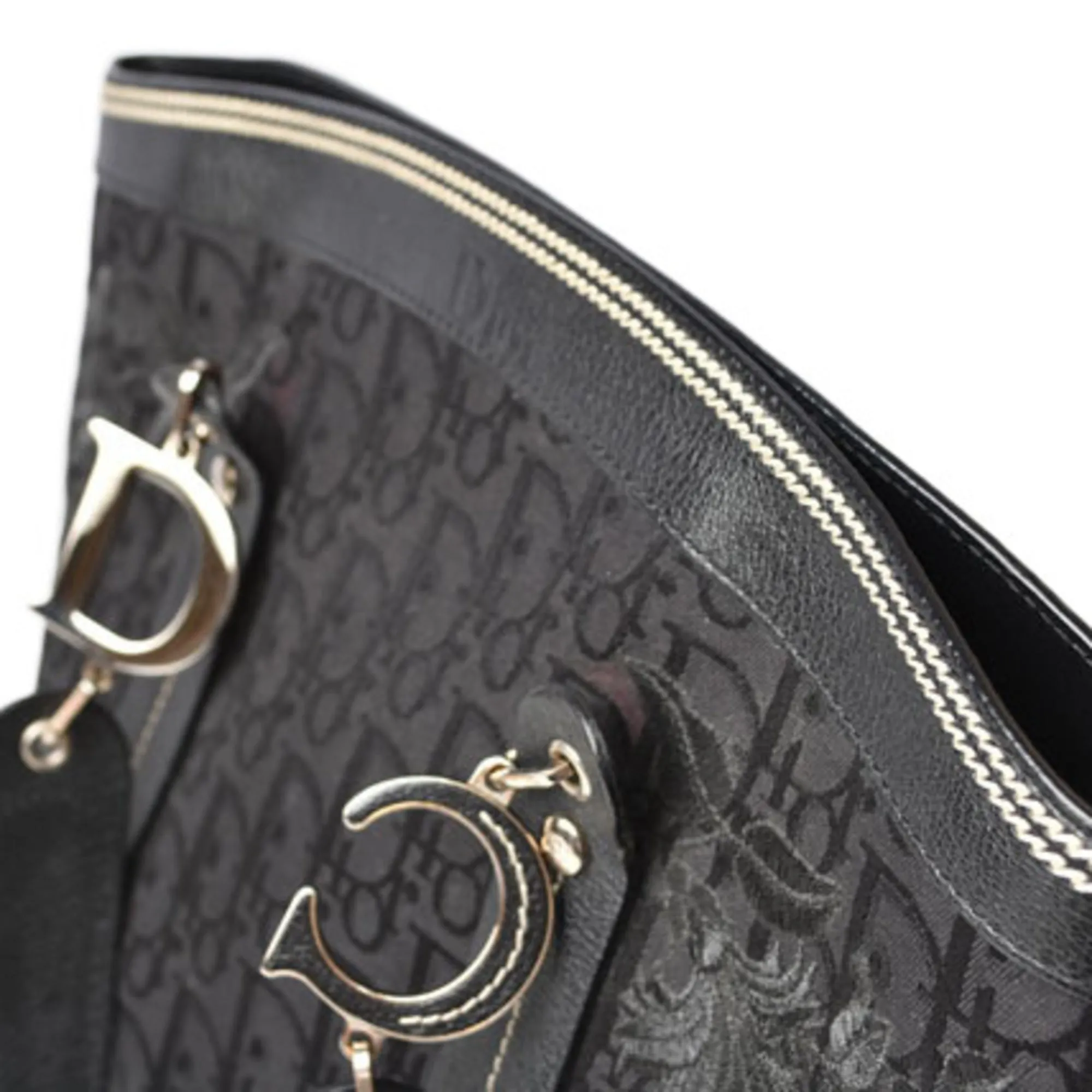 CHRISTIAN DIOR Tote Bag Embroidered Trotter Flower Embroidery Black