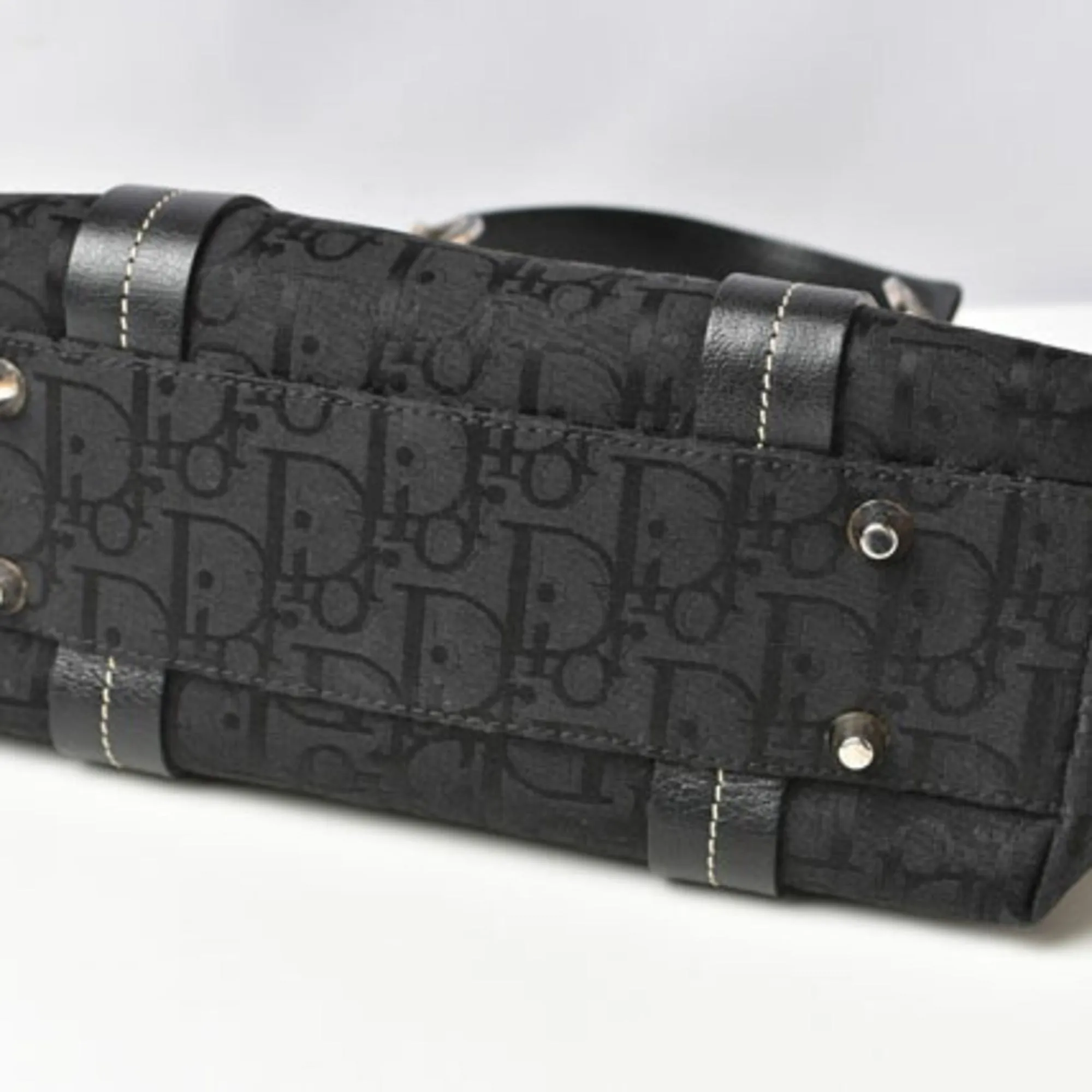 CHRISTIAN DIOR Tote Bag Embroidered Trotter Flower Embroidery Black