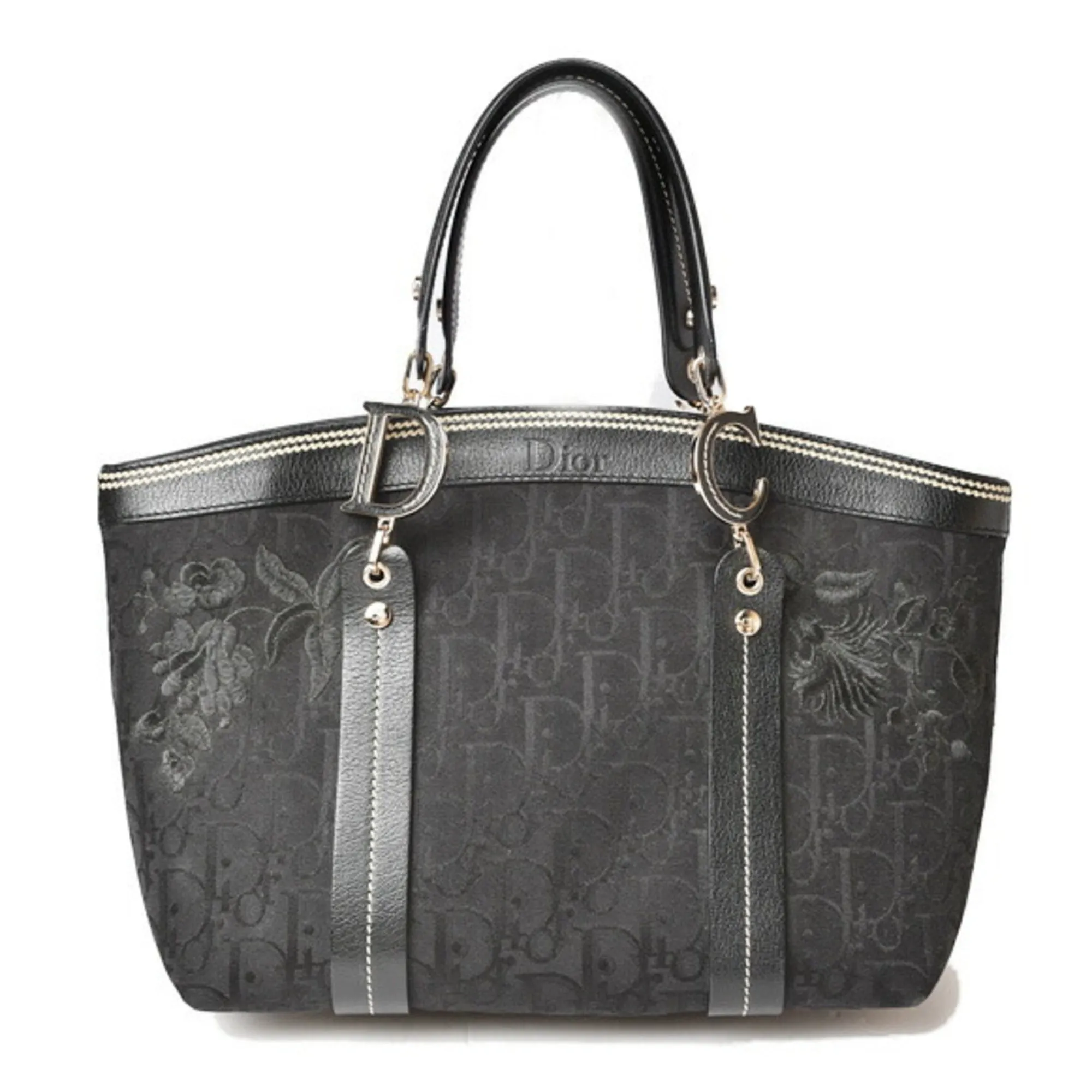 CHRISTIAN DIOR Tote Bag Embroidered Trotter Flower Embroidery Black